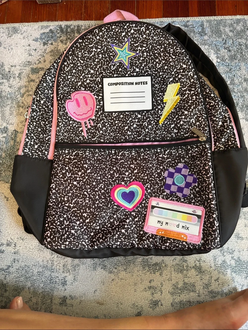 Kids Black & Pink Patterned Backpack with Colorful Patches new with out tags